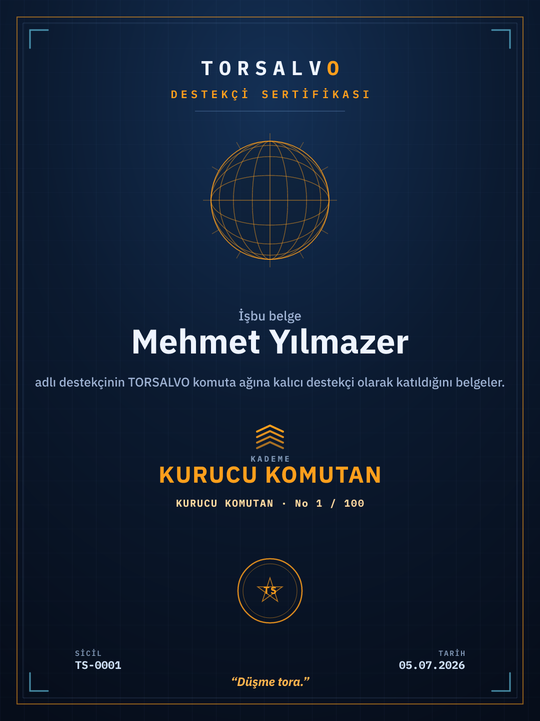 TORSALVO Destekçi Sertifikası